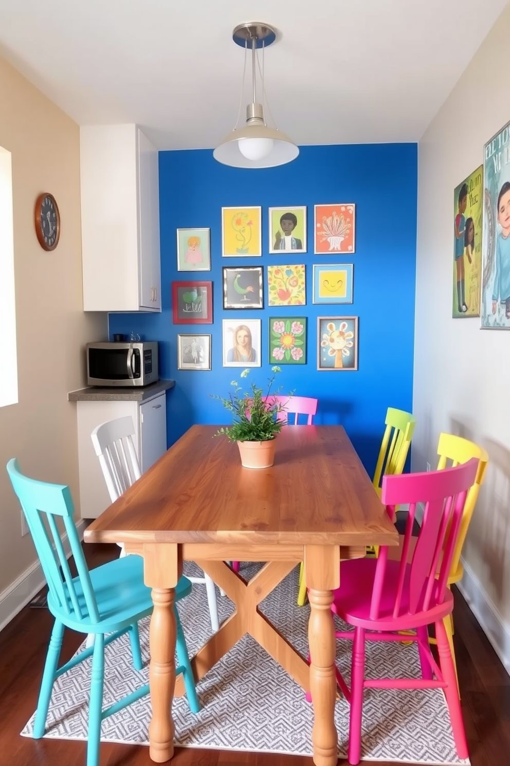 A cozy small kitchen dining room featuring a neutral palette complemented by pops of color. The walls are painted in soft beige, while the dining table is set against a vibrant blue accent wall adorned with colorful artwork. The table is a rustic wooden design surrounded by mismatched chairs in bright hues. A small potted plant sits in the center of the table, adding a touch of greenery and warmth to the space.