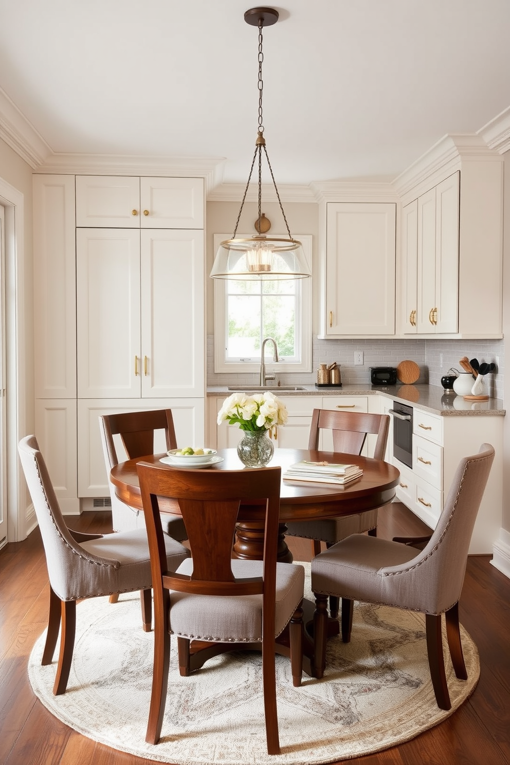 A cozy small kitchen dining room with a round wooden table surrounded by upholstered chairs. Pendant lights hang gracefully above the table, creating a warm and inviting atmosphere. The kitchen features sleek cabinetry in a soft white finish with brass hardware. A charming backsplash with a subtle tile pattern adds a touch of elegance to the space.