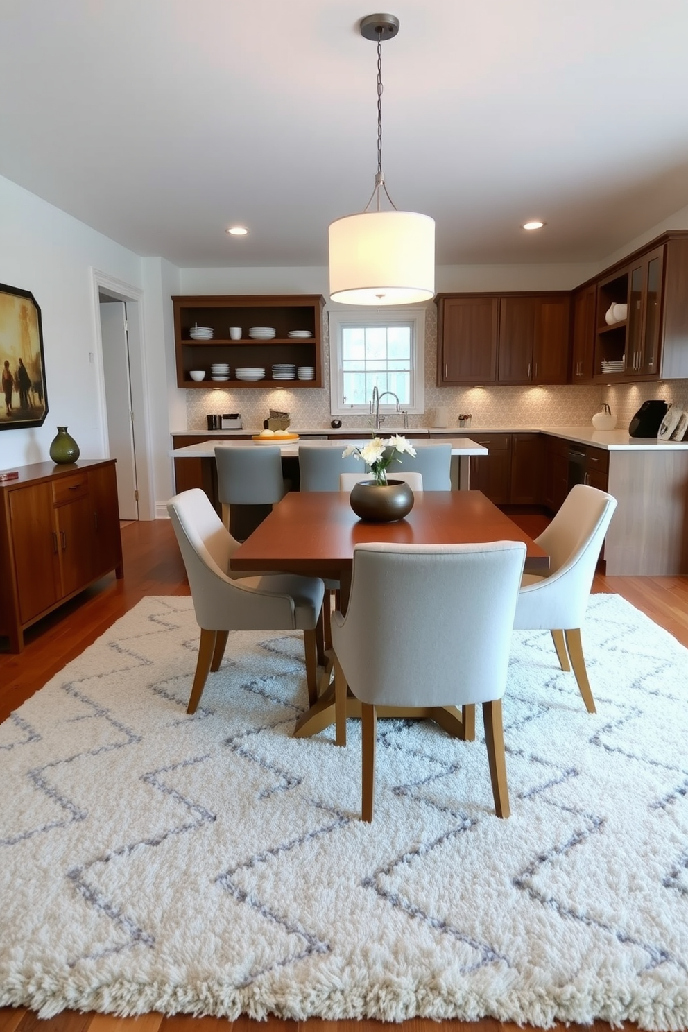 A cozy dining area is defined by a plush area rug that anchors the space, creating a warm and inviting atmosphere. Surrounding a sleek wooden table, four upholstered chairs in a soft fabric complement the rug's subtle patterns while enhancing comfort. The kitchen features open shelving displaying elegant dishware, adding both functionality and style. A pendant light hangs above the dining table, casting a warm glow that enhances the intimate dining experience.