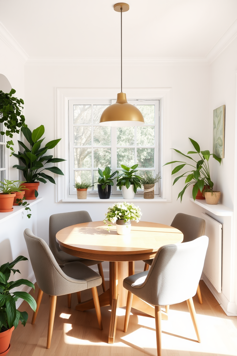 A cozy small kitchen dining room features a round wooden table surrounded by upholstered chairs in soft pastel colors. Lush green plants are placed on the windowsill and in the corners, adding a fresh and inviting atmosphere. The walls are painted in a light, airy hue, enhancing the sense of space and brightness. A statement pendant light hangs above the table, creating a focal point that complements the overall design.