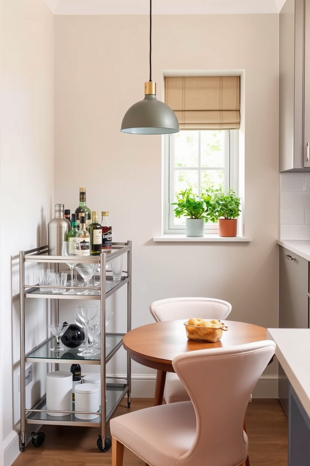 A stylish bar cart is positioned against the wall, featuring a sleek metallic frame with glass shelves. It is adorned with an assortment of elegant glassware, a shaker, and a selection of fine spirits, creating a perfect spot for entertaining guests. The small kitchen dining area is designed with a round wooden table surrounded by upholstered chairs in a soft pastel hue. A pendant light hangs above the table, casting a warm glow, while potted herbs on the windowsill add a touch of greenery and freshness to the space.