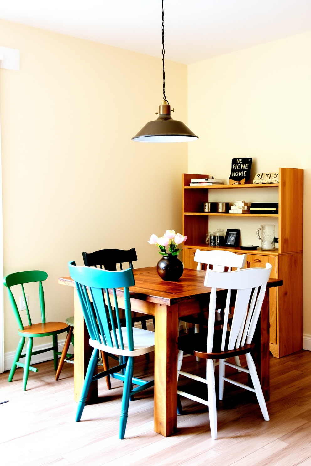 A charming dining room setting featuring a mix of dining chairs in various styles and colors. The table is a rustic wooden piece surrounded by mismatched chairs that add personality and warmth to the small space. The walls are painted in a soft pastel hue, creating a cozy atmosphere. A pendant light hangs above the table, providing ample illumination while enhancing the room's charm.