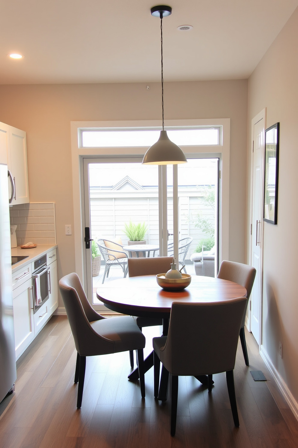 A cozy small kitchen dining room features a sleek sliding door that opens to a charming outdoor patio. The dining area includes a round wooden table surrounded by upholstered chairs, creating an inviting atmosphere for meals and gatherings. The kitchen is designed with modern cabinetry in a soft white finish, complemented by stainless steel appliances. A stylish pendant light hangs above the table, providing warm illumination that enhances the space's intimate feel.