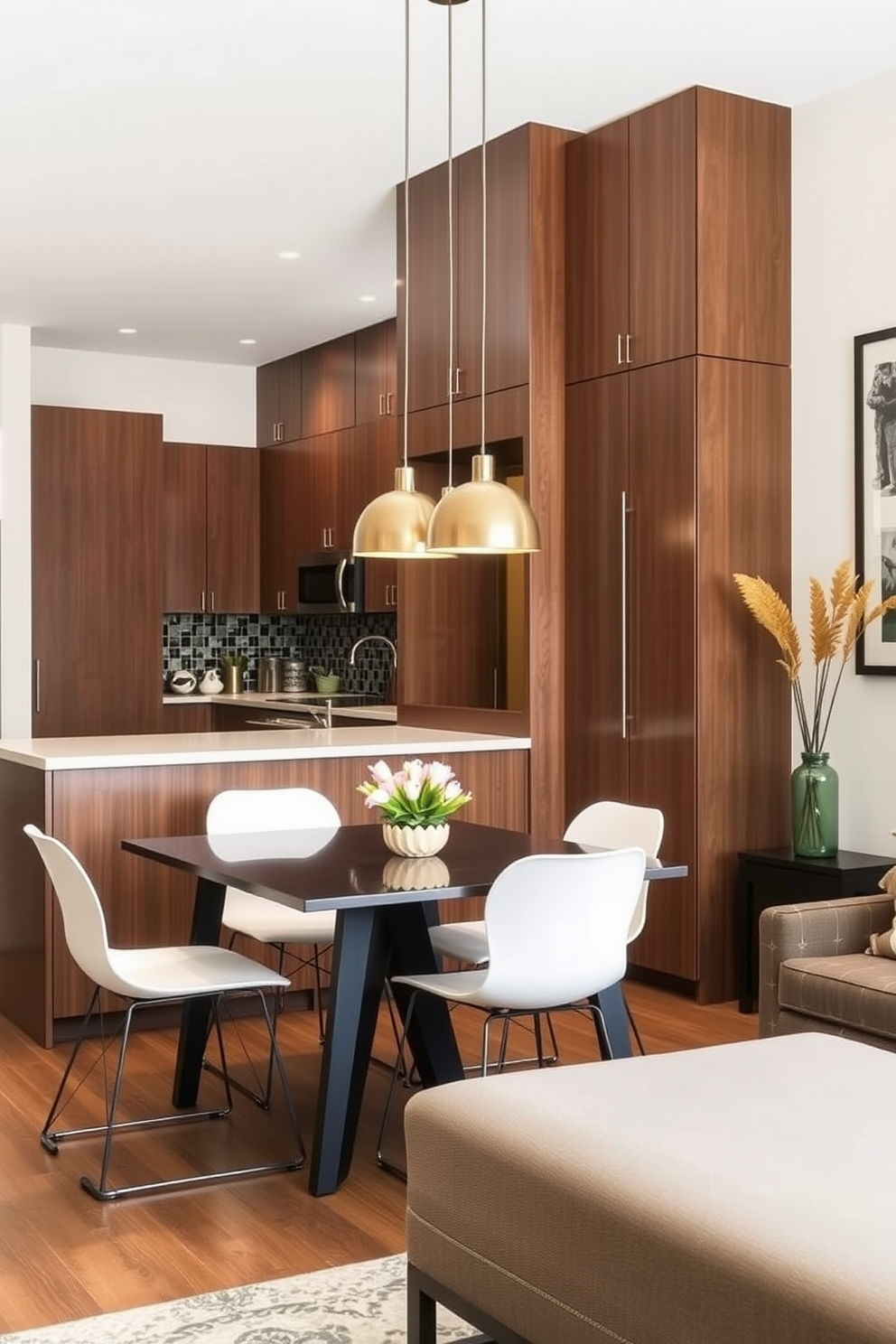 A small kitchen dining room features tall cabinets that maximize vertical space, providing ample storage while maintaining an open feel. The dining area includes a sleek table with modern chairs, complemented by pendant lighting that adds warmth and style.