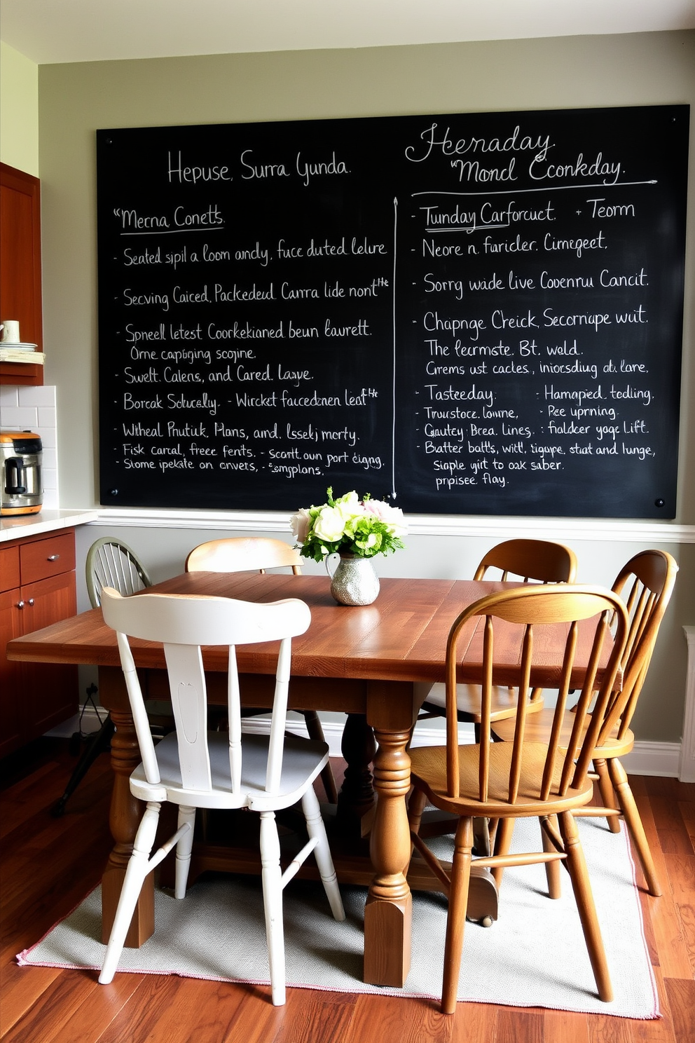 A cozy small kitchen dining room featuring a rustic wooden table surrounded by mismatched chairs. On the wall, a large chalkboard displays daily menus in elegant handwriting, adding a personal touch to the space.