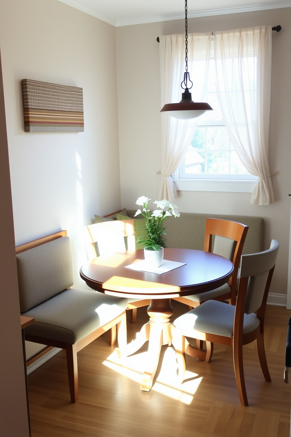 A cozy small kitchen dining room featuring a round wooden table surrounded by upholstered chairs. A stylish bench is placed against the wall, providing extra seating and enhancing the inviting atmosphere. The walls are painted in a soft pastel color, complementing the warm tones of the wooden furniture. Natural light streams in through a window adorned with light, airy curtains, creating a bright and cheerful space.