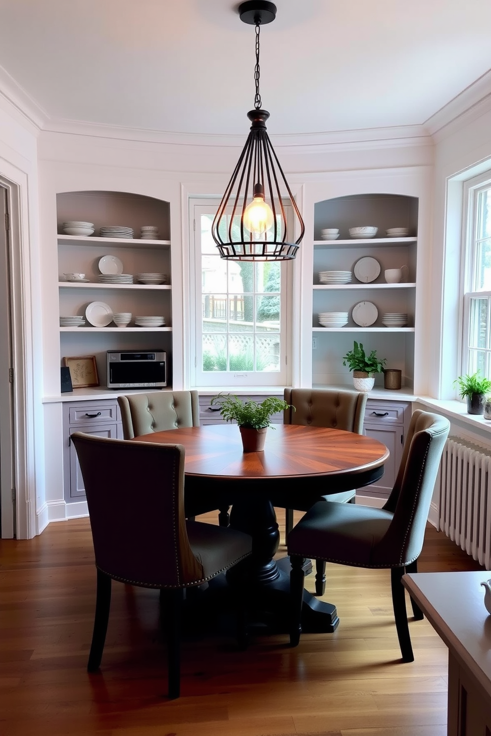 A cozy kitchen dining area featuring a round wooden table surrounded by upholstered chairs. A striking pendant light hangs above the table, casting a warm glow over the space. The walls are painted in a soft white, complemented by open shelving displaying elegant dishware. A small potted herb garden sits on the windowsill, adding a touch of greenery to the inviting atmosphere.