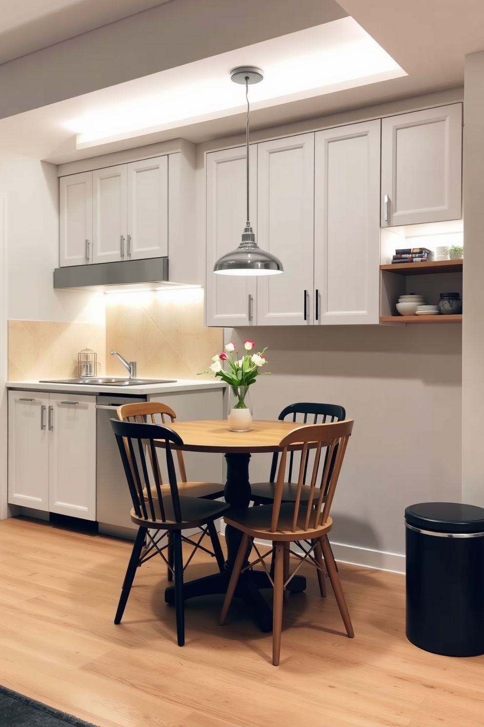 A cozy small kitchen dining room with under-cabinet lighting that creates a warm and inviting atmosphere. The space features a compact wooden dining table with stylish chairs, complemented by soft pendant lighting overhead.