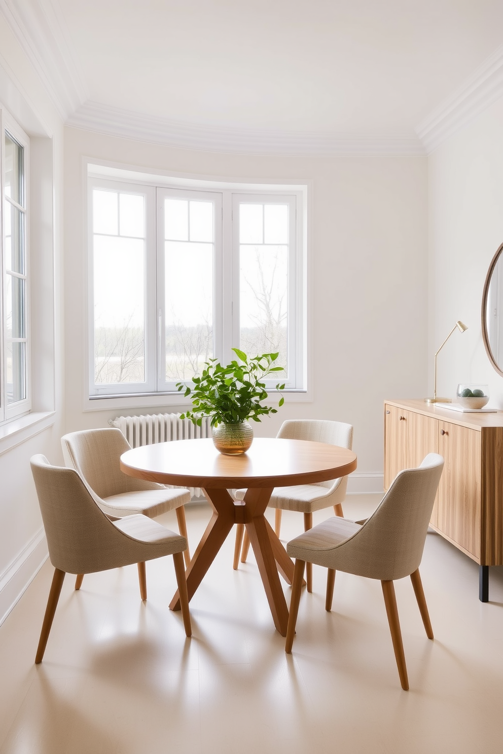 A small kitchen dining room featuring a round wooden table surrounded by upholstered chairs in a light fabric. The walls are painted in soft white, and large windows allow natural light to flood the space, creating an open and airy atmosphere. A sleek, minimalist sideboard in a light wood finish is positioned against one wall, adding storage without overwhelming the room. Fresh greenery in a simple vase sits at the center of the table, enhancing the inviting and fresh vibe of the dining area.