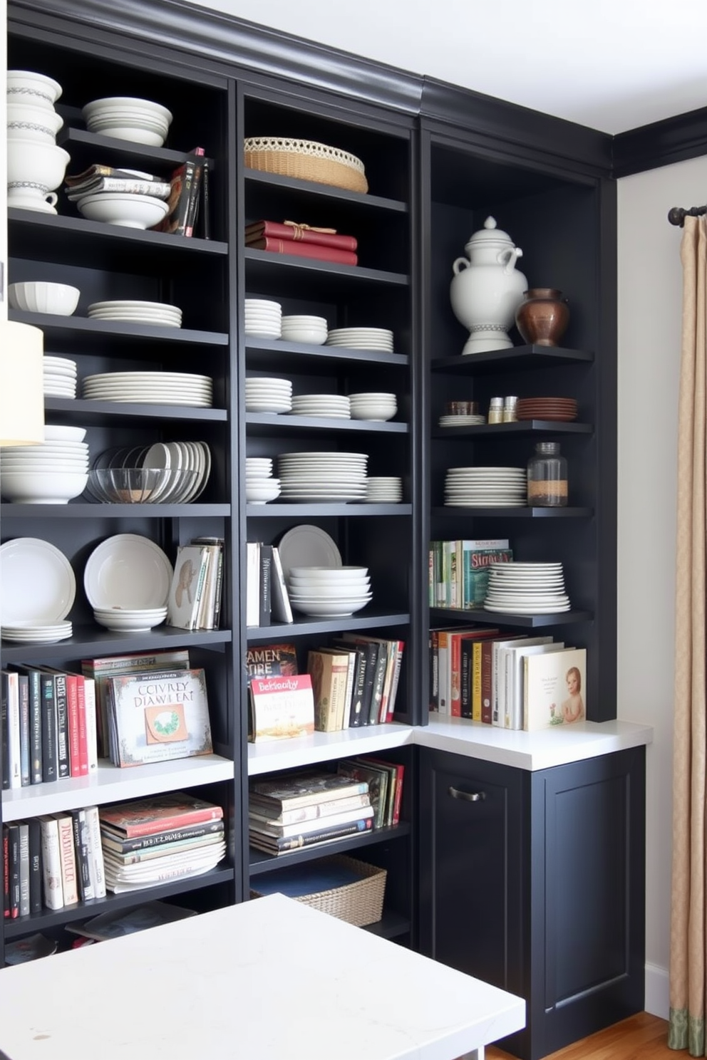 A small kitchen dining room featuring open shelving for easy access storage. The shelves are filled with neatly arranged dishes and cookbooks, creating an inviting and organized space.