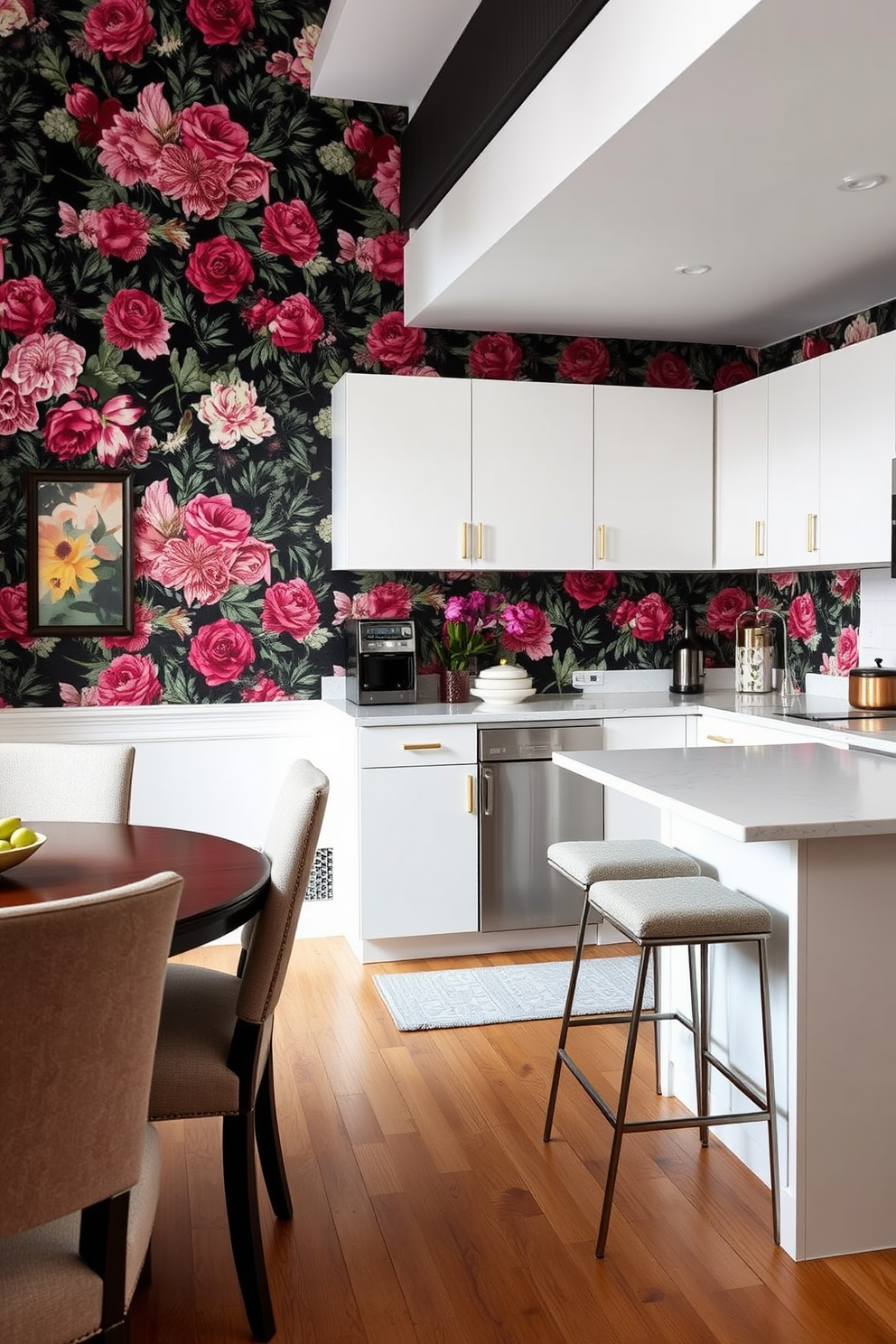 A cozy small kitchen dining room featuring a statement wall adorned with vibrant floral wallpaper. The dining area includes a round wooden table surrounded by upholstered chairs, creating an inviting atmosphere for meals. The kitchen showcases sleek white cabinetry with brass hardware and a subway tile backsplash. A small island with bar stools provides additional seating and a perfect spot for casual dining.