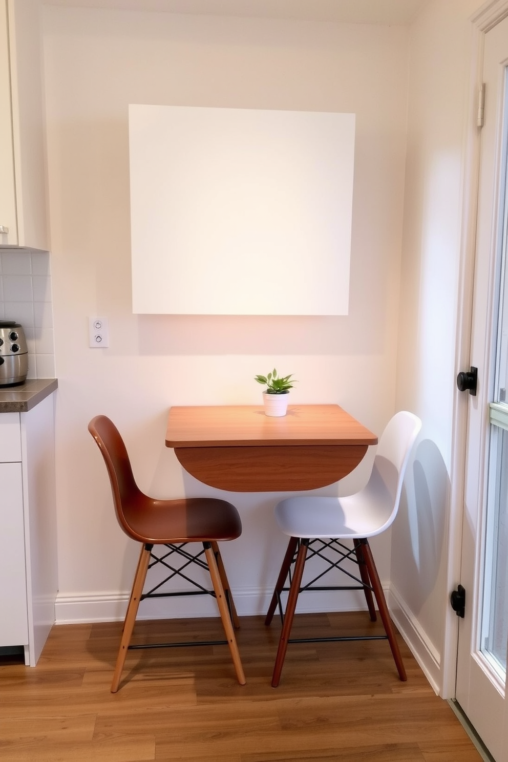 A cozy small kitchen dining area featuring a wall-mounted drop-leaf table that can be easily folded down when not in use. The table is complemented by two stylish chairs that tuck neatly underneath, creating an inviting space for meals. The walls are painted in a soft pastel color, enhancing the room's brightness and warmth. A small potted plant sits on the table, adding a touch of greenery and life to the compact dining setup.