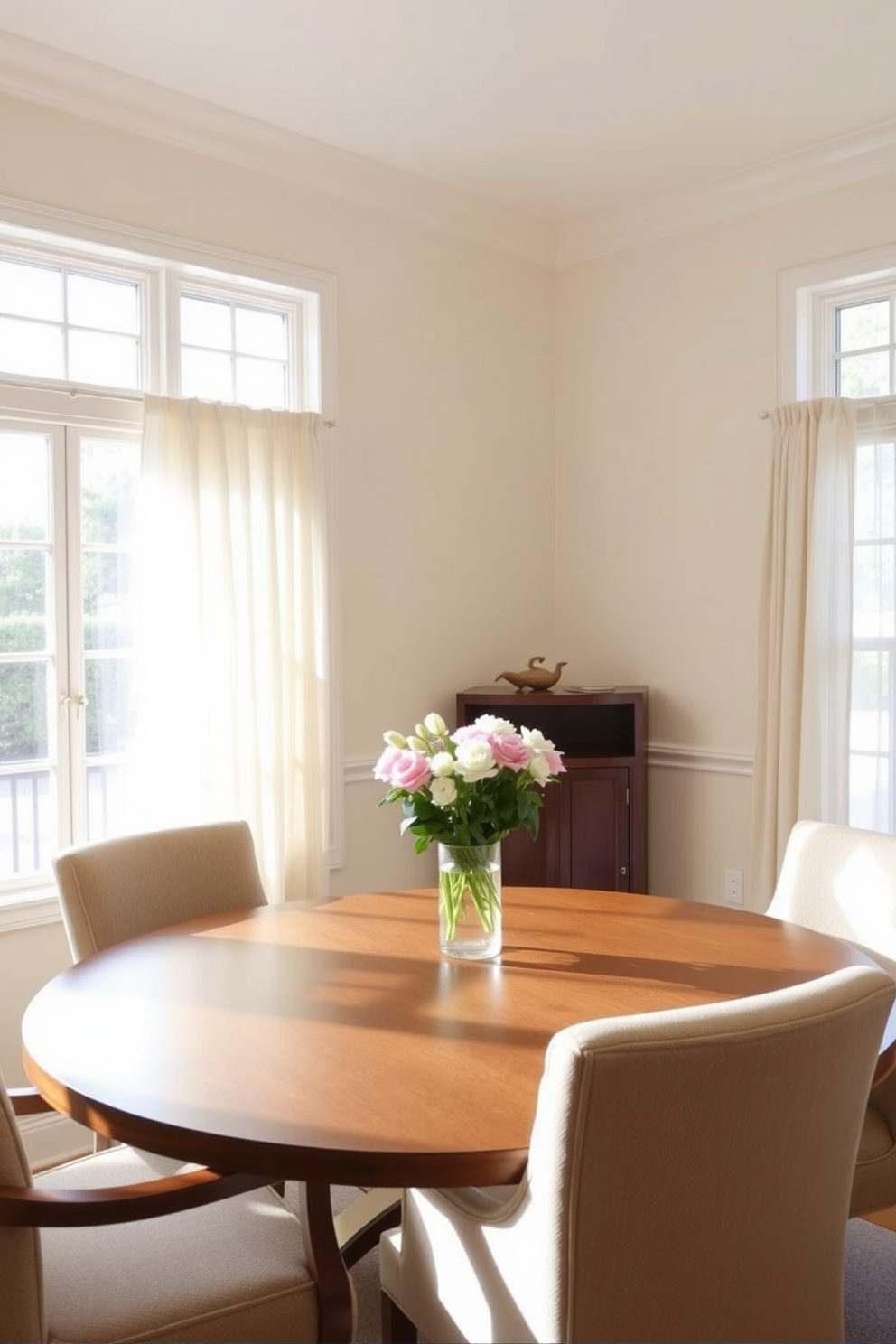 Light-colored walls to brighten space. A cozy dining area features a round wooden table surrounded by upholstered chairs, creating an inviting atmosphere. Natural light floods the room through large windows adorned with sheer curtains. A simple centerpiece of fresh flowers adds a touch of elegance to the table.