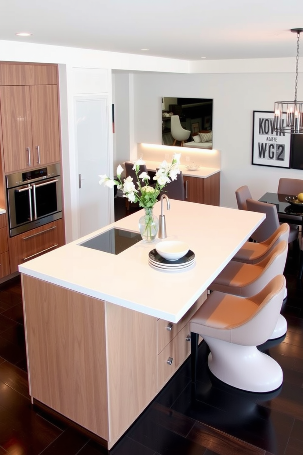 A multi-functional kitchen island features a sleek countertop with bar seating on one side. The island is surrounded by modern cabinetry, and the dining area includes a stylish table with comfortable chairs, creating an inviting space for meals and gatherings.