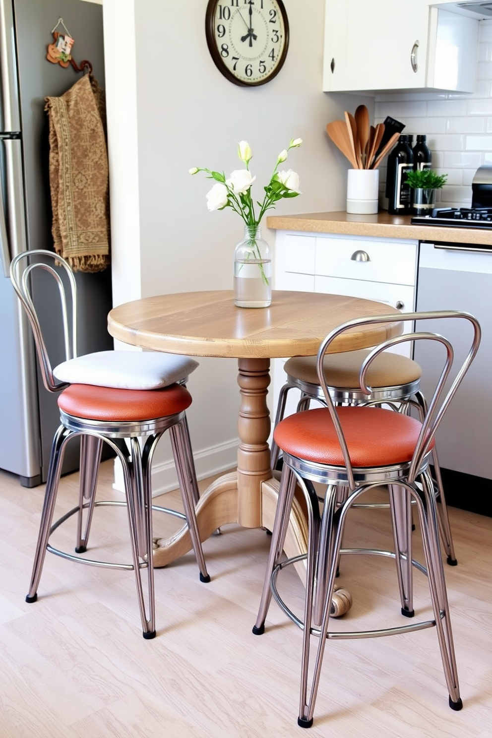 A charming small kitchen dining area featuring a vintage bistro table with a distressed wood finish. Surrounding the table are sleek modern stools with metal frames and cushioned seats, creating a stylish contrast.