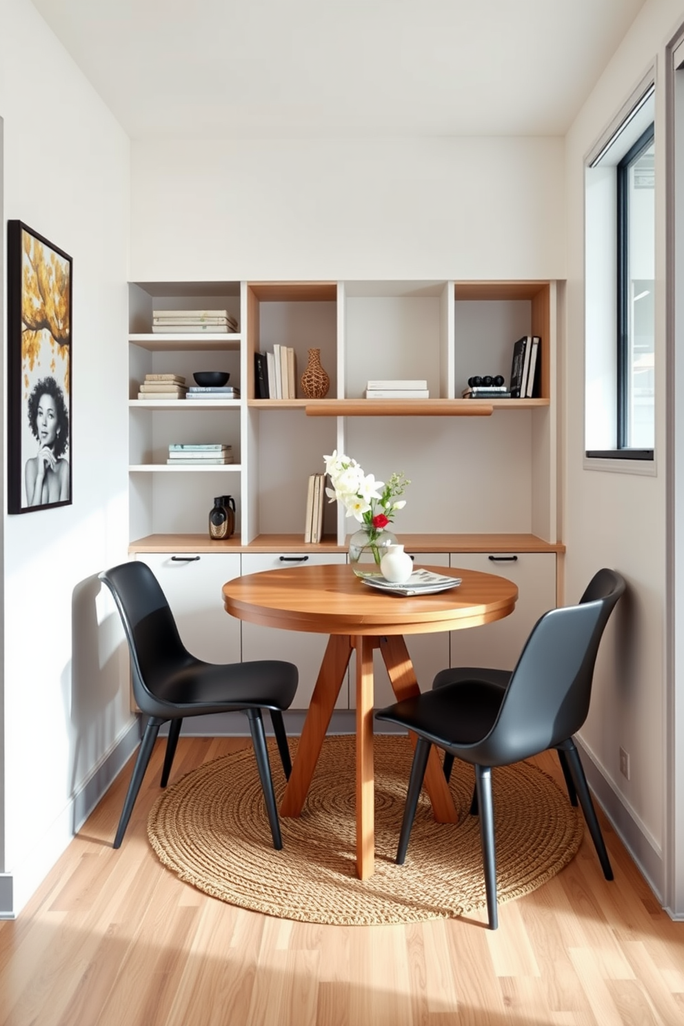 A compact dining set designed for small spaces features a round wooden table with sleek, modern chairs that can be tucked underneath. The setting is enhanced by a soft color palette, with light walls and a cozy rug underneath to define the dining area. In a small kitchen dining room, the design incorporates built-in shelves for storage and decorative items. A wall-mounted table can be folded down when not in use, maximizing the available space while maintaining a stylish and functional atmosphere.