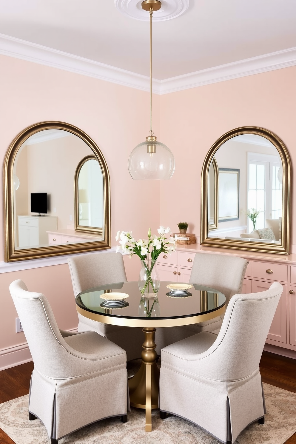 A cozy kitchen dining room featuring a small round table surrounded by four upholstered chairs. Large mirrors are strategically placed on the walls to enhance the sense of space and light. The color palette consists of soft pastels, creating a warm and inviting atmosphere. A pendant light hangs above the table, adding a touch of elegance to the design.