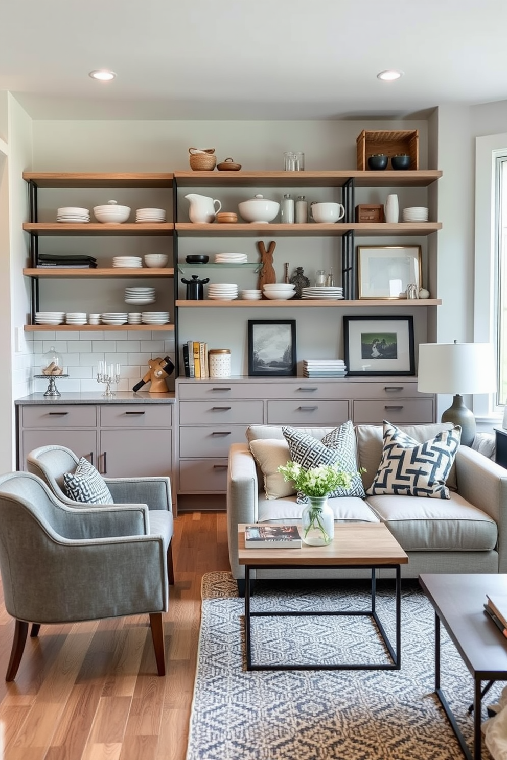 Open shelving creates an airy atmosphere in a small kitchen, showcasing neatly arranged dishware and decorative items. The living room features a cozy seating area with a stylish sofa, accent chairs, and a coffee table that complements the open shelving design.