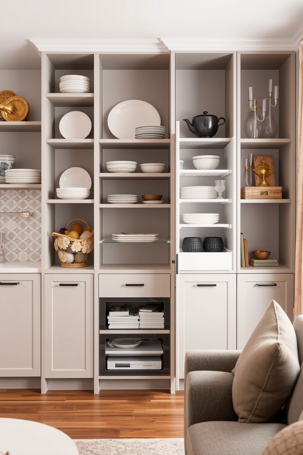 A small kitchen living room design that maximizes vertical space with stylish storage solutions. The walls are adorned with open shelving displaying beautiful dishware and decorative items, while a sleek, tall pantry cabinet provides ample storage without occupying much floor space.