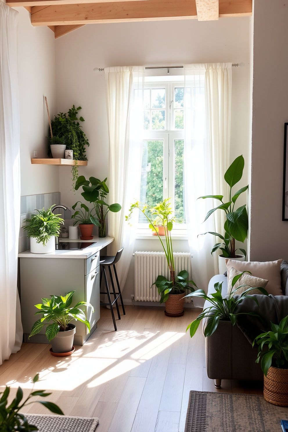 A cozy small kitchen seamlessly integrates with the living room, featuring a compact island with bar stools for casual dining. The space is brightened by natural light streaming through a large window, adorned with sheer white curtains. Lush indoor plants are strategically placed throughout the area, adding a vibrant touch of greenery. A stylish herb garden sits on the kitchen counter, while potted plants in the living room create a refreshing atmosphere.