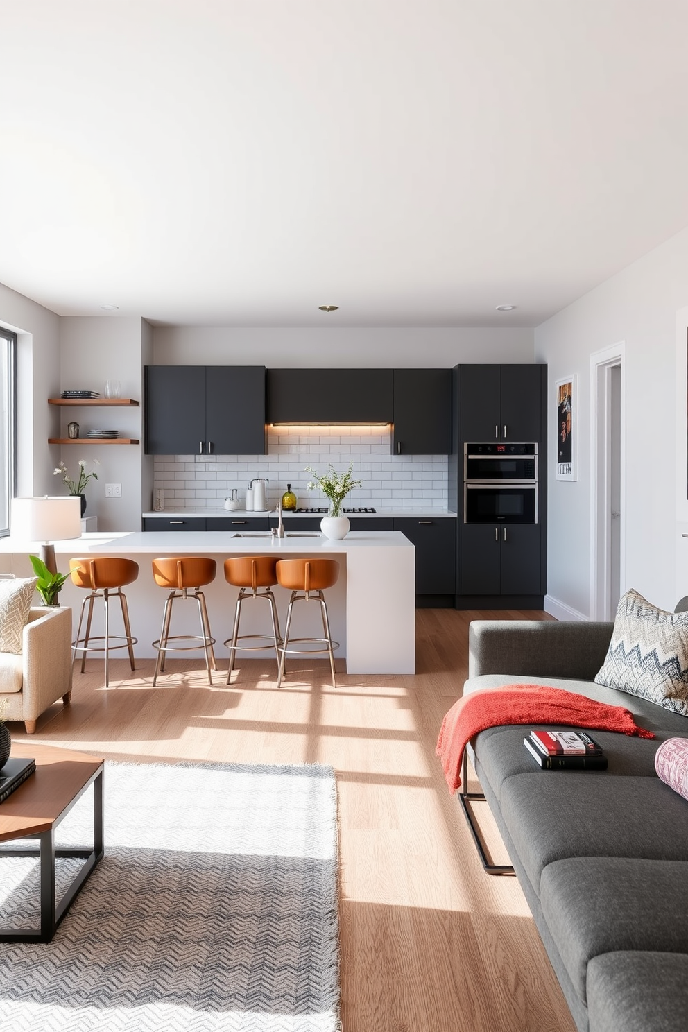 Create an open flow with furniture layout in a small kitchen living room design. The kitchen features a compact island with bar stools, seamlessly connecting to a cozy living area with a stylish sofa and a coffee table.