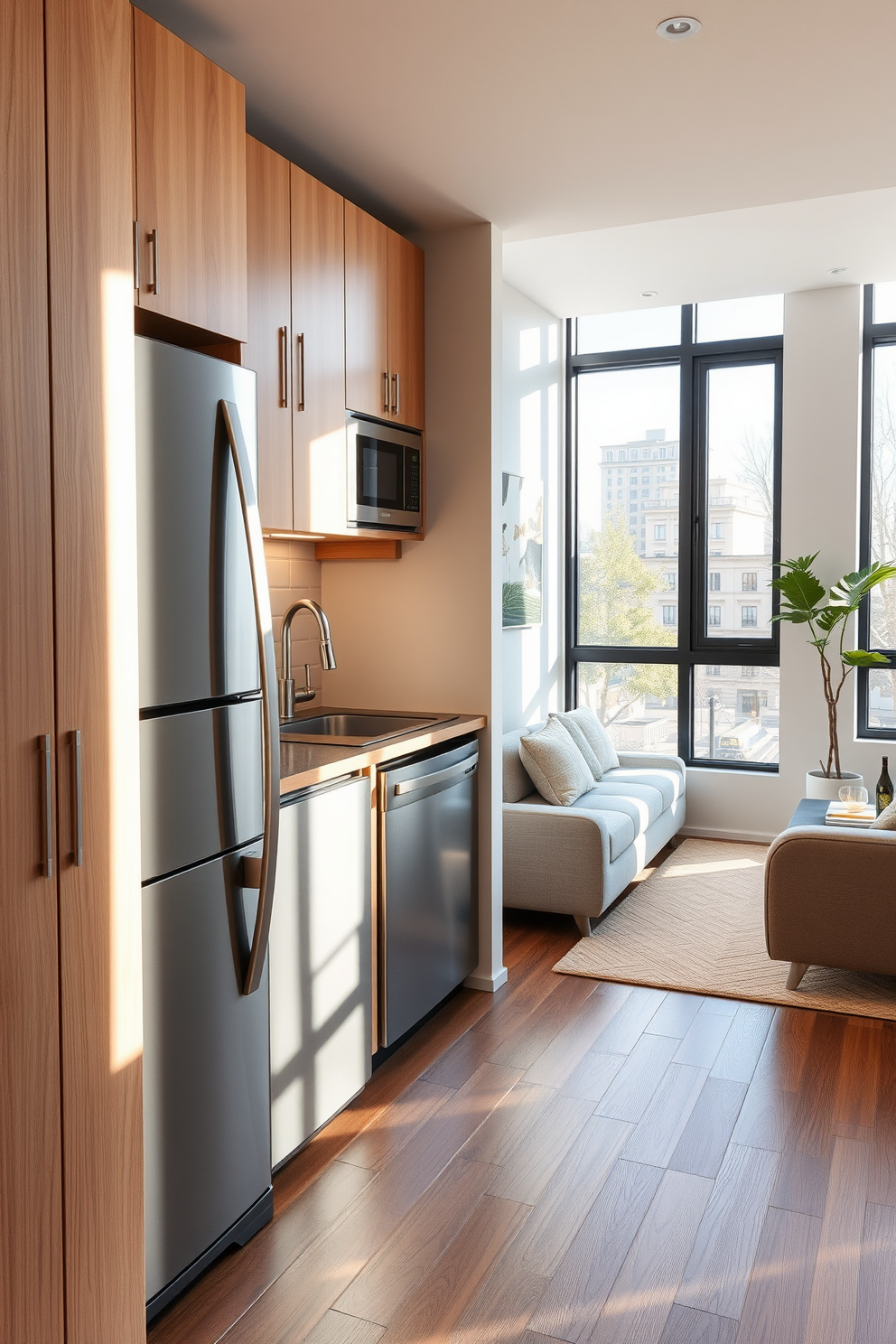 A small kitchen featuring compact appliances for maximum efficiency. The design includes a sleek refrigerator, a space-saving dishwasher, and a microwave integrated into the cabinetry. Adjacent to the kitchen, the living room showcases a cozy seating area with a stylish sofa and a multifunctional coffee table. Natural light pours in through large windows, enhancing the warm color palette of the space.