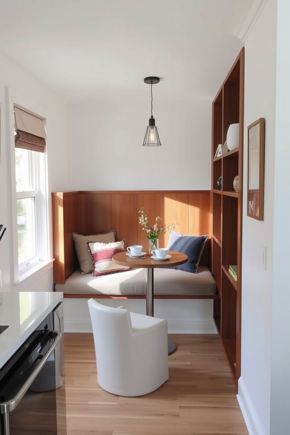 A cozy built-in bench is integrated into the small kitchen living room space, featuring soft cushions and a warm wood finish. The bench is positioned near a window, allowing natural light to flood the area and create an inviting atmosphere. The surrounding decor includes a small round table for meals and coffee, complemented by stylish pendant lighting above. The walls are painted in a light, airy color, enhancing the sense of openness in the compact area.