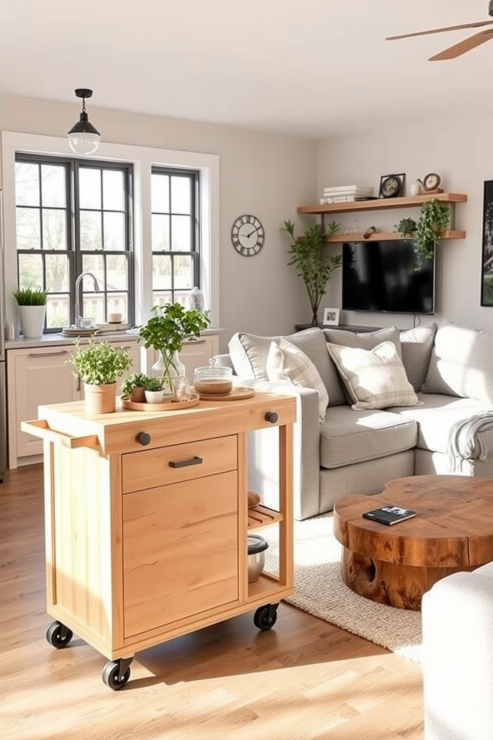 A cozy small kitchen living room design featuring a stylish rolling cart that serves as extra workspace. The cart is made of light wood and has wheels for easy mobility, adorned with fresh herbs and kitchen essentials on top. The living area showcases a comfortable sectional sofa in a soft gray fabric, paired with a round coffee table made of reclaimed wood. Large windows allow natural light to flood the space, highlighting the warm tones of the decor and creating an inviting atmosphere.