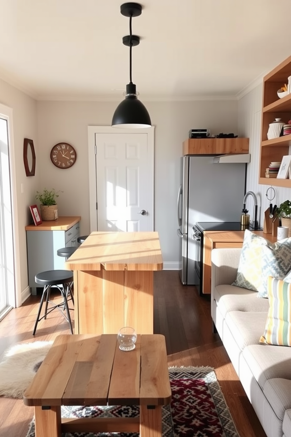 A cozy small kitchen featuring a compact island for prep space. The island is topped with a light wood surface and surrounded by stylish bar stools. The kitchen seamlessly flows into a bright living room area. The living room showcases a comfortable sofa, accented with colorful throw pillows, and a coffee table made of reclaimed wood.