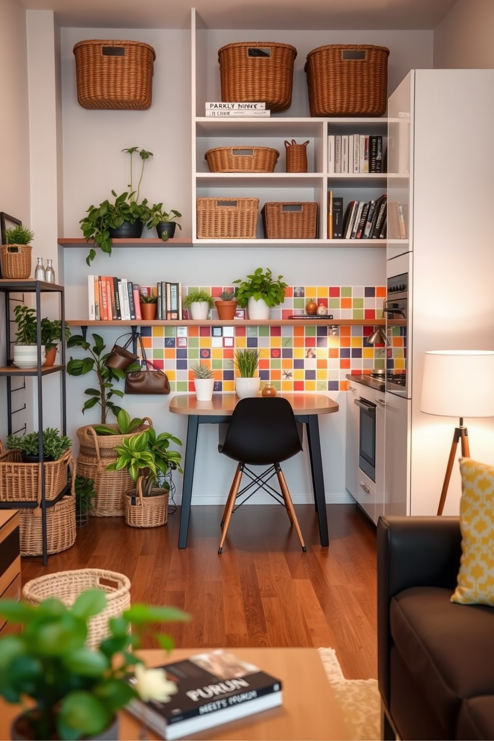 A cozy small kitchen living room design featuring decorative baskets for organization. The space incorporates a compact dining table with stylish chairs, surrounded by open shelving filled with plants and cookbooks. The kitchen area showcases a modern backsplash with vibrant tiles, complemented by sleek cabinetry. Soft lighting illuminates the room, creating an inviting atmosphere for family gatherings.