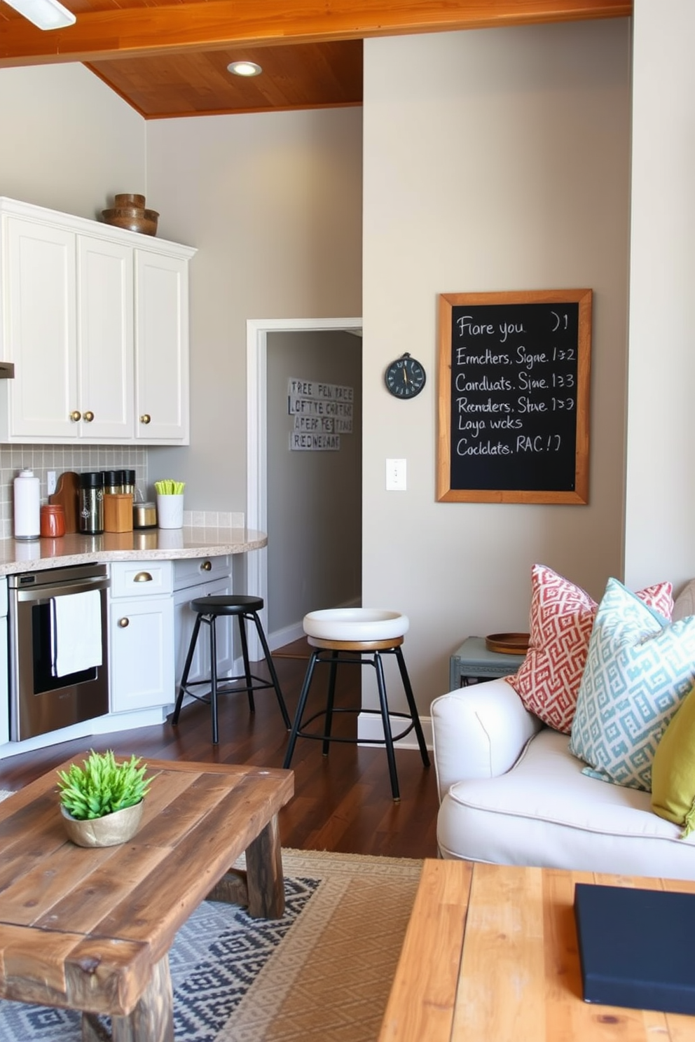 A cozy small kitchen living room design featuring a chalkboard mounted on the wall for notes and reminders. The kitchen area includes white cabinets with brass handles and a compact island with bar stools, while the living room has a comfortable sofa with colorful throw pillows and a coffee table made of reclaimed wood.