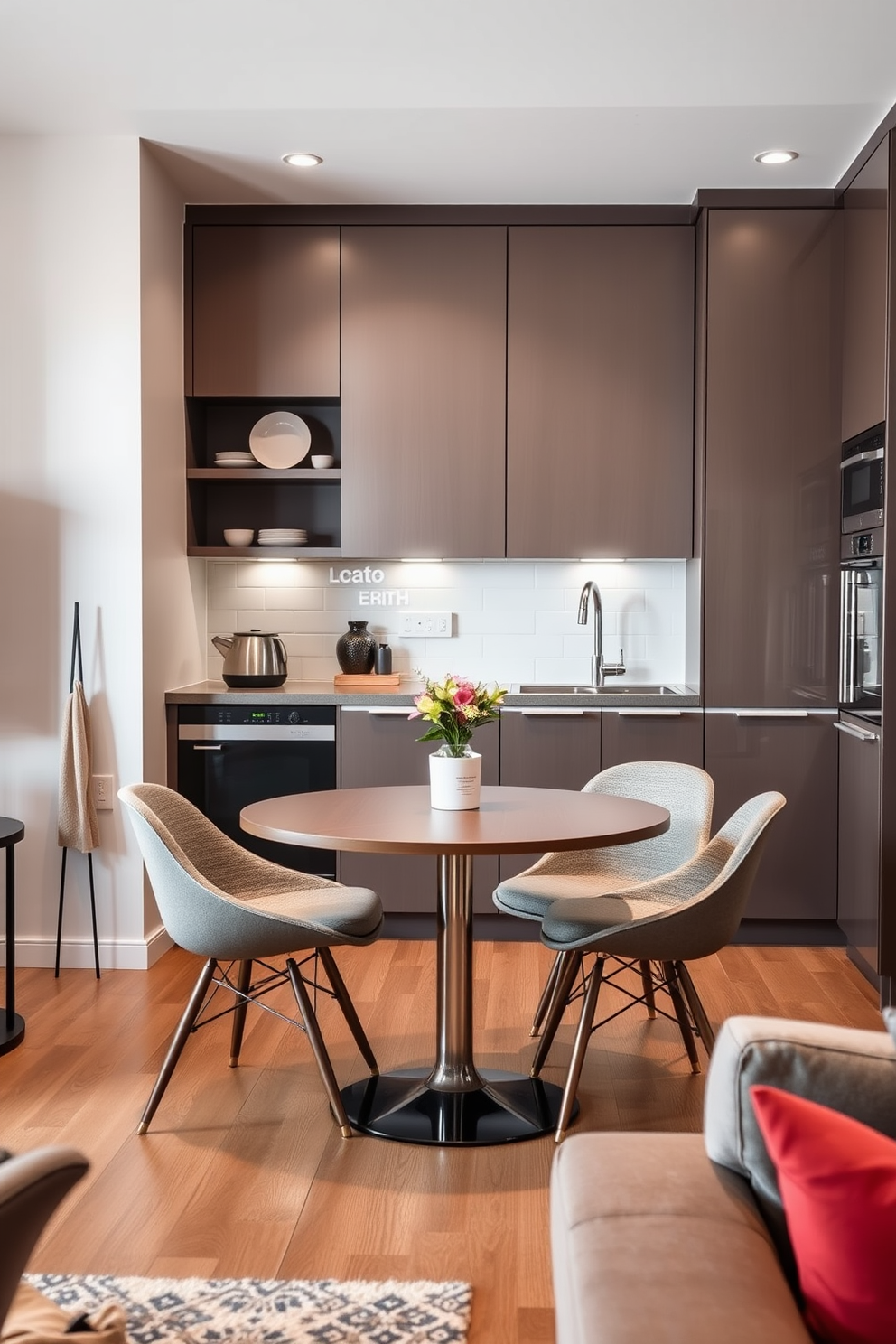 A cozy small kitchen and living room design featuring a round table at the center. The round table is surrounded by four stylish chairs, creating a welcoming atmosphere for gatherings. The kitchen has sleek cabinetry with a modern finish and open shelving displaying decorative dishware. Soft lighting illuminates the space, enhancing the warm color palette of the walls and furnishings.