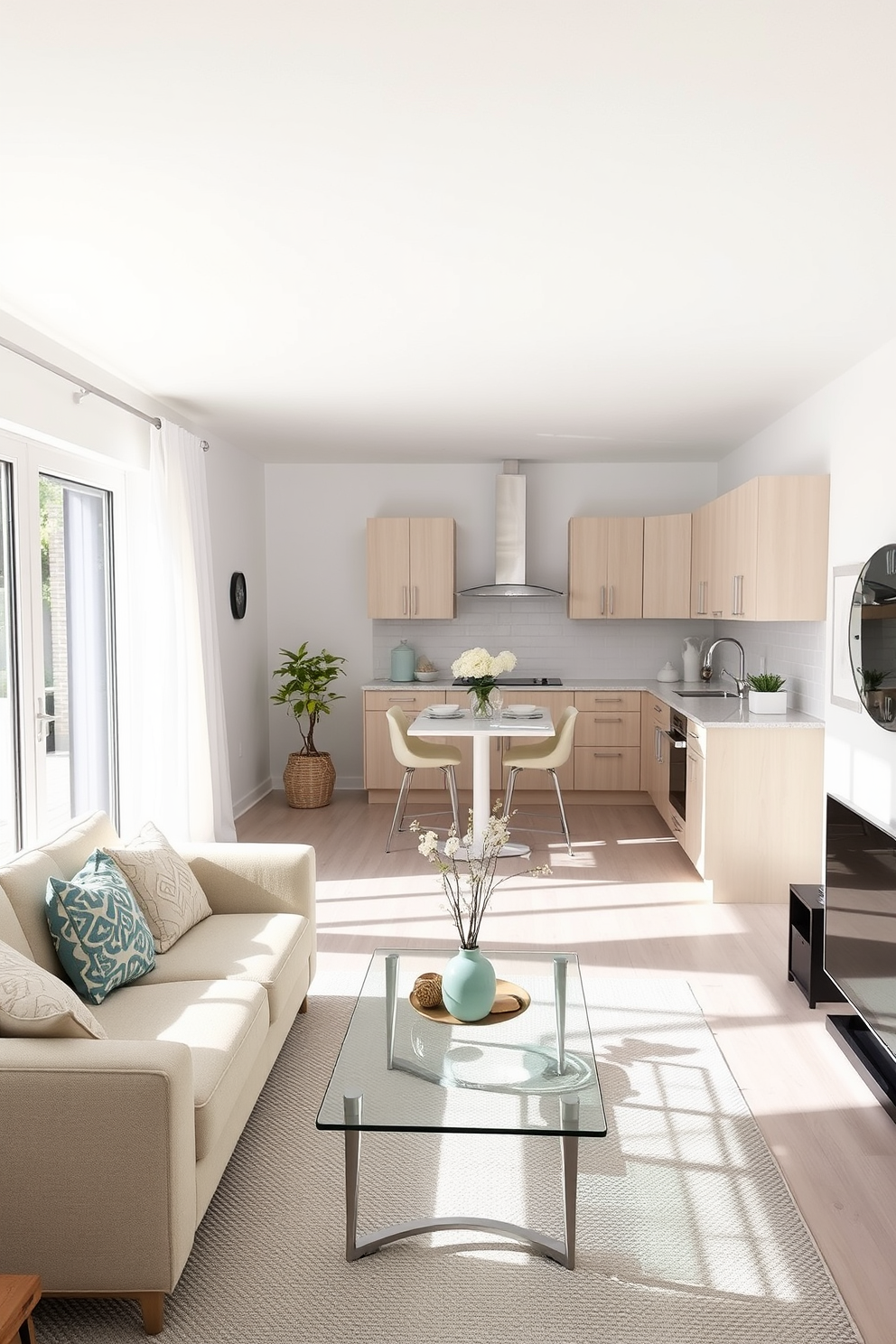 A small kitchen living room design that utilizes light colors to create a bright and airy atmosphere. The walls are painted in a soft white shade, complemented by light wood cabinetry and a pale gray backsplash. The living area features a cozy sofa in a light beige fabric, paired with a glass coffee table that enhances the open feel. Natural light floods the space through large windows adorned with sheer curtains, creating a warm and inviting environment.