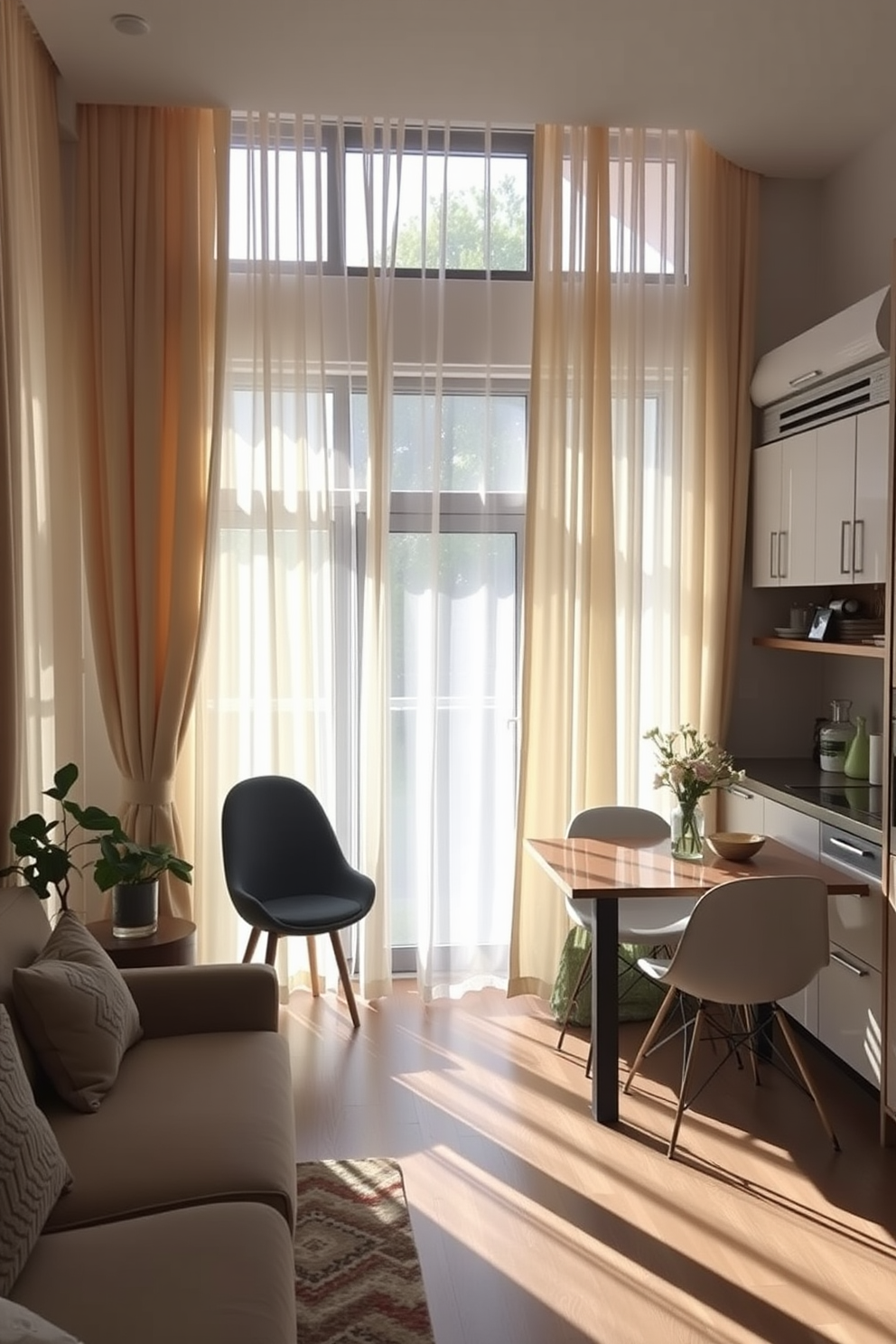 A cozy small kitchen living room design featuring lightweight curtains that allow natural light to flow in and create an open atmosphere. The kitchen area includes a compact dining table with stylish chairs, seamlessly integrated with the living space to enhance functionality and comfort.