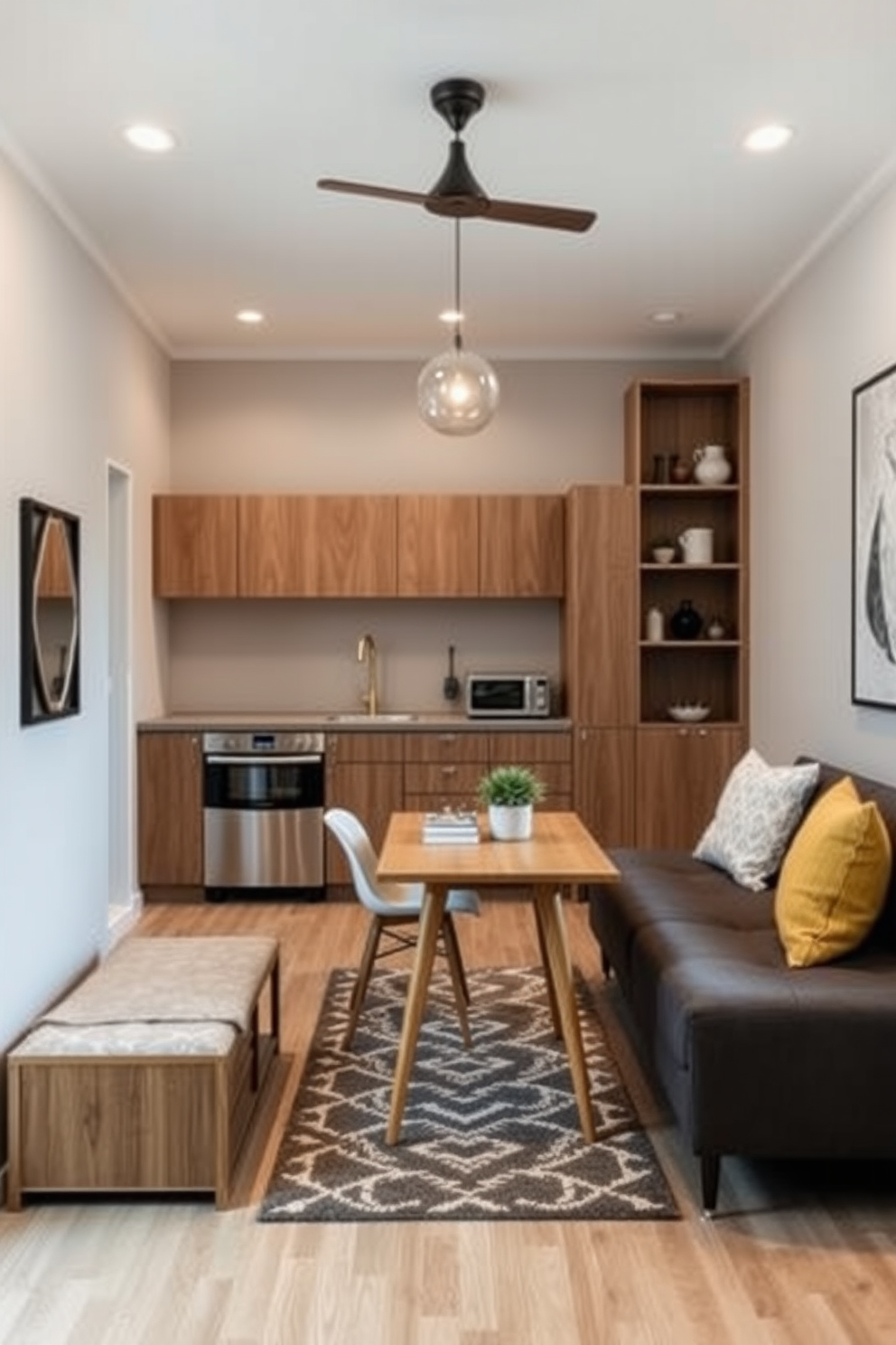 A small kitchen living room design featuring multi-functional furniture. The space includes a compact dining table that doubles as a workspace and a sofa bed that can accommodate guests. The color palette is light and airy with soft gray walls and warm wood accents. A stylish rug defines the living area while open shelving showcases decorative items and kitchen essentials.