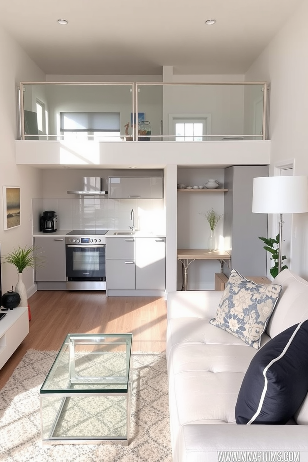 A small kitchen living room design that maximizes natural light with strategically placed mirrors. The space features a cozy seating area with a light-colored sofa and a glass coffee table, while the kitchen showcases sleek cabinetry and modern appliances.