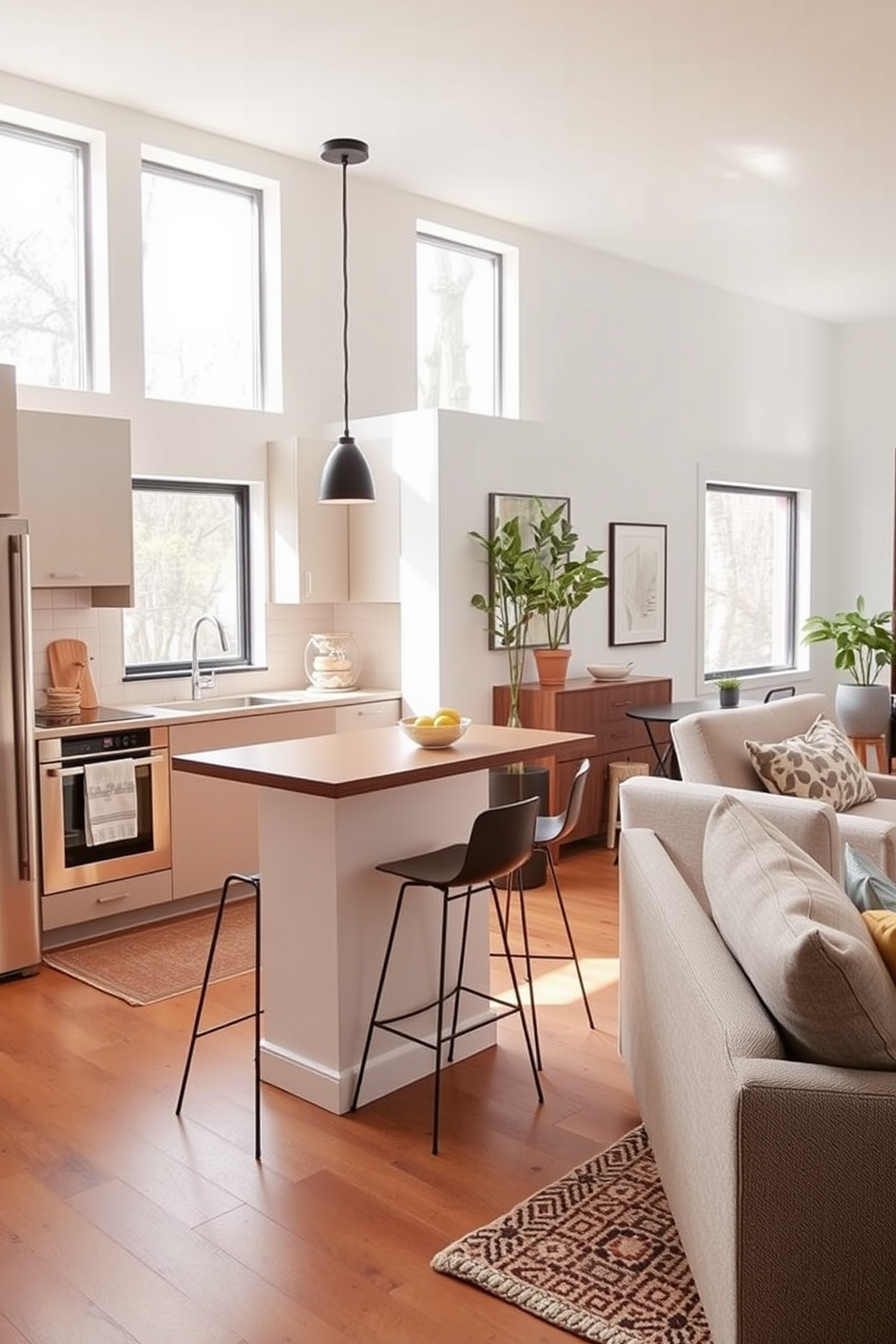 A cozy small kitchen living room features a compact breakfast bar area seamlessly integrated into the design. The breakfast bar is adorned with stylish stools, creating an inviting space for casual dining and socializing. The kitchen area showcases sleek cabinetry with modern appliances, while the living room boasts a comfortable seating arrangement. Natural light floods the space through large windows, enhancing the warm and welcoming atmosphere.