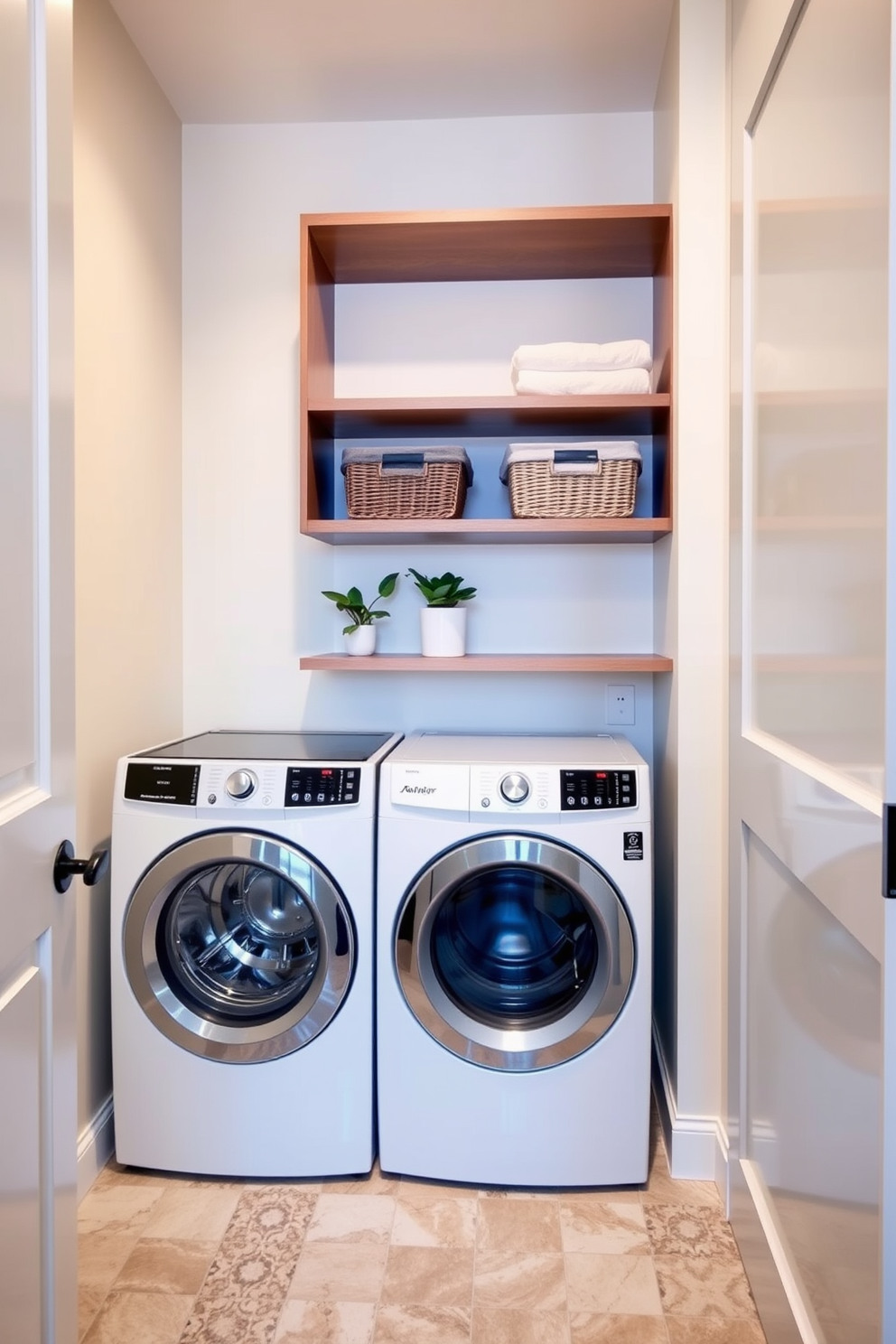 A small laundry room featuring vertical storage solutions with sleek, open shelves. The walls are painted in a light, airy color, and the floor is covered with a durable, stylish tile. On the shelves, neatly organized baskets hold laundry essentials, while a small potted plant adds a touch of greenery. A compact, modern washer and dryer sit side by side, maximizing functionality in the limited space.