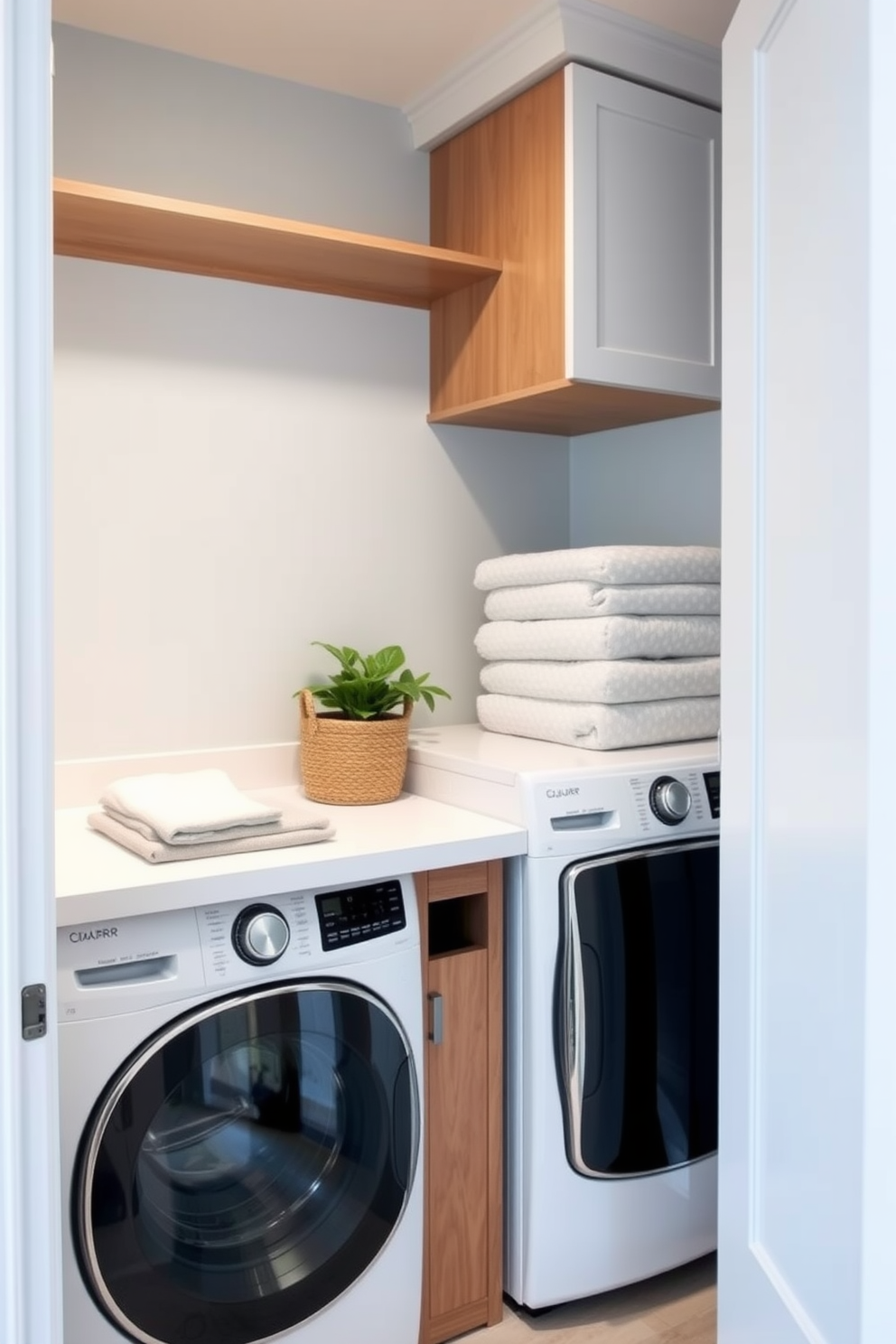 A small laundry room featuring a compact countertop designed for folding clothes. The space includes a stacked washer and dryer, with open shelving above for storage and organization. The walls are painted in a soft light blue, creating a calm atmosphere. A woven basket sits on the countertop, and a small potted plant adds a touch of greenery.