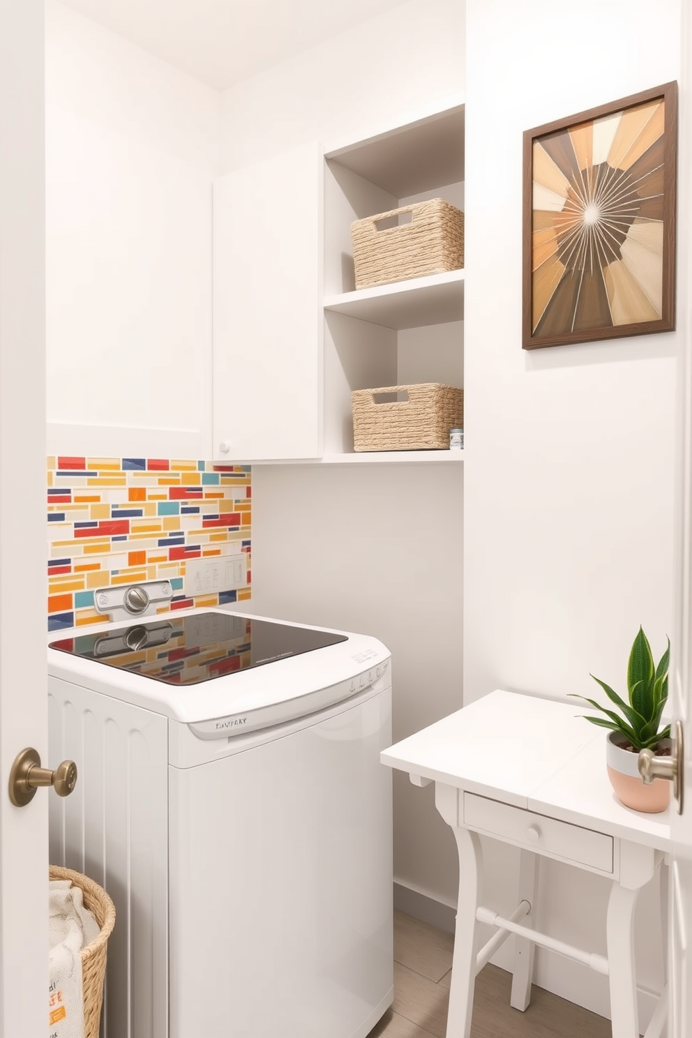 A cheerful small laundry room featuring a vibrant backsplash with colorful tiles that add a playful touch to the space. The room includes a compact washing machine and dryer stacked for efficiency, with open shelving above for storage and organization. The walls are painted in a light, airy color to enhance brightness, while a small folding table is positioned next to the appliances for convenience. Decorative baskets are placed on the shelves, and a potted plant adds a fresh element to the design.