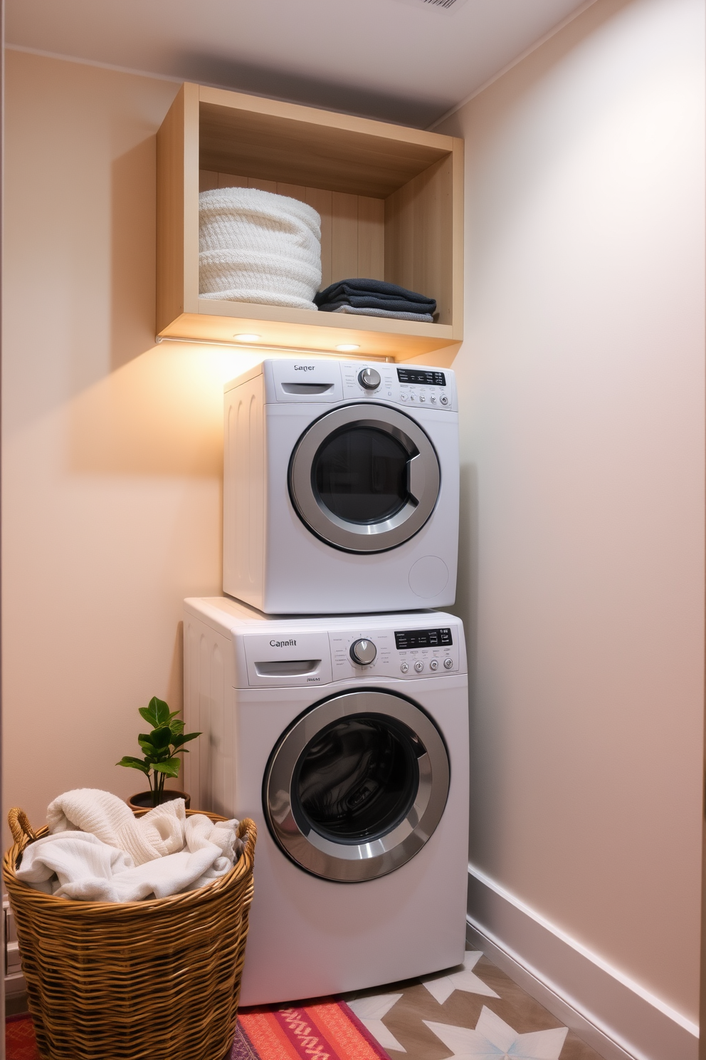 A cozy laundry room featuring under-shelf lighting that casts a warm glow. The space includes a compact washer and dryer stacked vertically, with open shelving above for storage. Soft pastel colors adorn the walls, creating a calming atmosphere. A wicker basket sits on the floor, filled with freshly laundered clothes, while a small potted plant adds a touch of greenery.