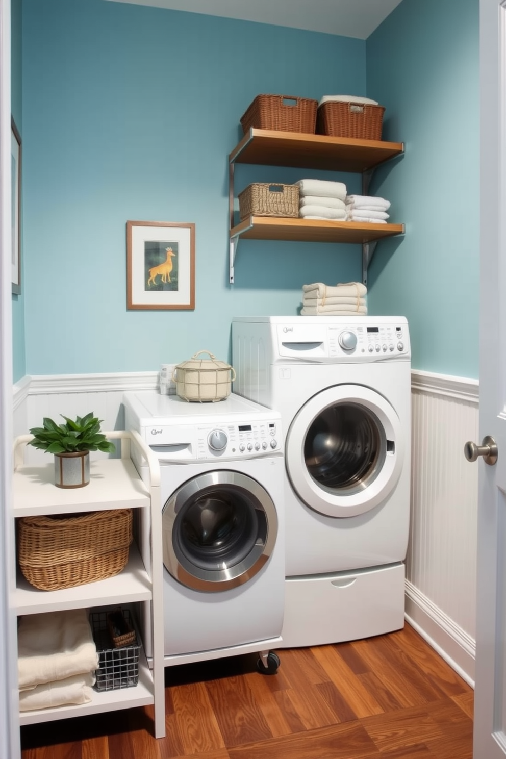 Choose a narrow cart for easy access in a small laundry room. The cart should feature multiple shelves for storing laundry essentials and a sleek design that complements the overall decor. Incorporate a stackable washer and dryer to maximize space efficiency. Add wall-mounted shelves above the appliances for additional storage and organization.