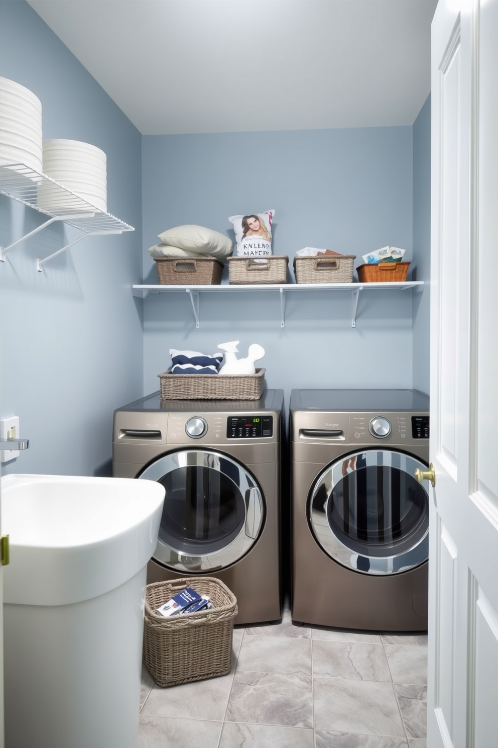 A small laundry room featuring decorative bins for laundry supplies. The walls are painted in a soft blue hue, and the floor is adorned with light gray tiles.