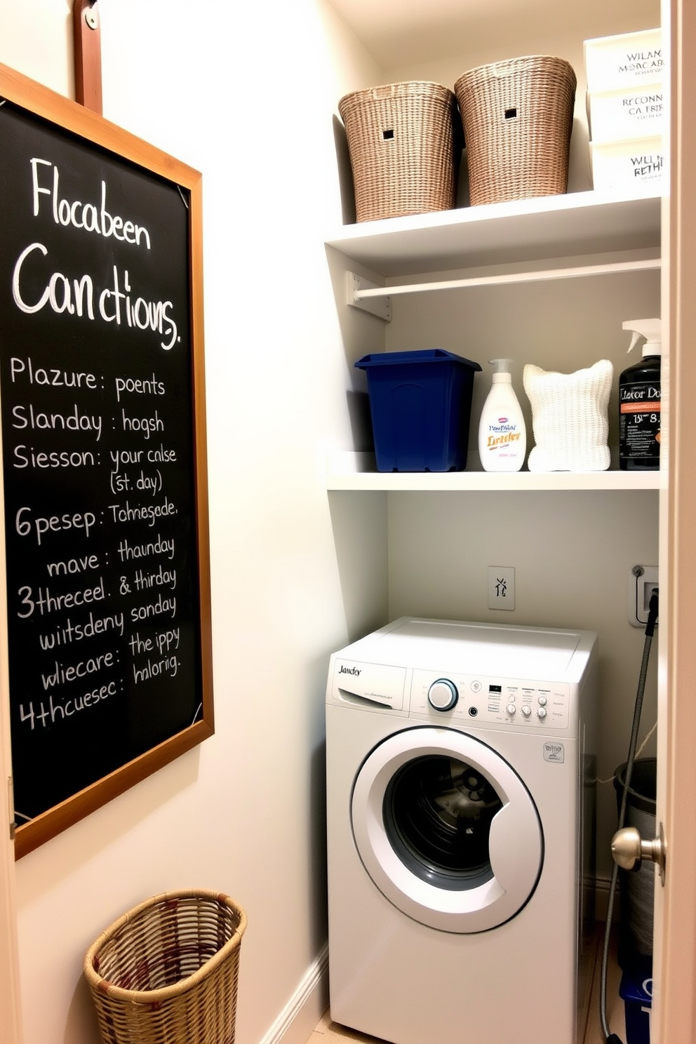 A small laundry room featuring a stylish chalkboard mounted on the wall for reminders and lists. The space includes a compact washer and dryer stacked to maximize efficiency, with open shelving above for storage and organization.