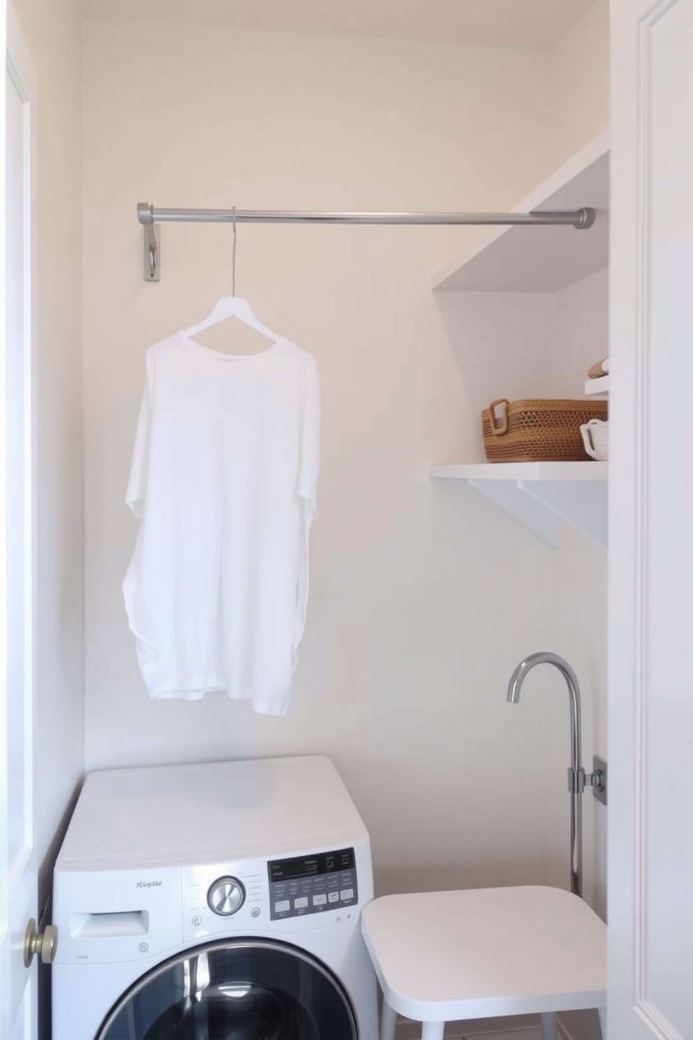 A small laundry room design featuring a practical hanging rod for drying clothes. The space is organized with wall-mounted shelves and a compact folding table, complemented by a light color palette that enhances the room's brightness.