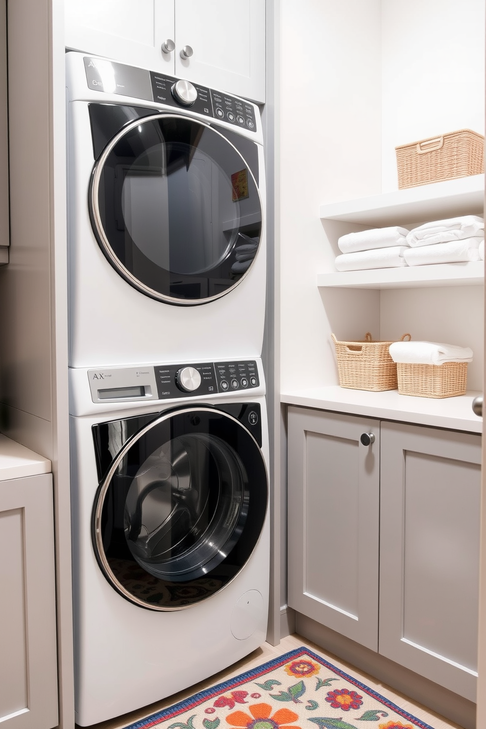 A compact stackable washer dryer is seamlessly integrated into a small laundry room design. The space features light gray cabinetry that complements the soft white walls, creating an airy feel. To the right of the washer dryer, a floating shelf displays neatly folded towels and decorative storage baskets. A small, colorful rug adds a pop of color to the floor, enhancing the room's inviting atmosphere.