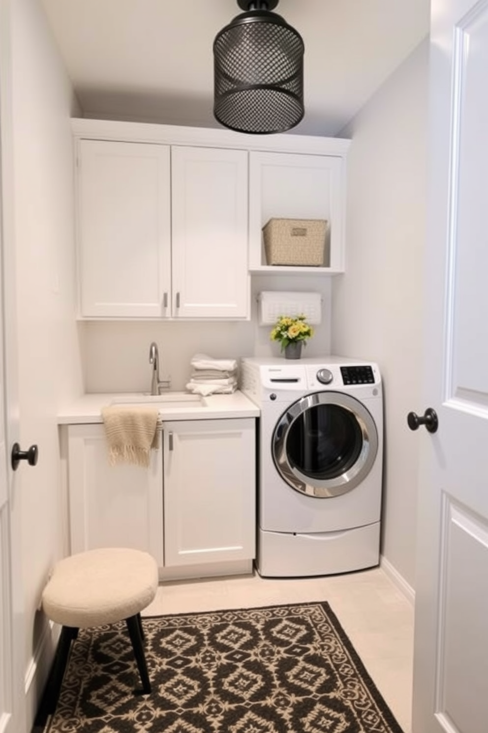 A cozy small laundry room featuring a patterned rug that adds warmth and comfort to the space. The walls are painted in a soft white, and sleek cabinetry provides ample storage while keeping the room organized.