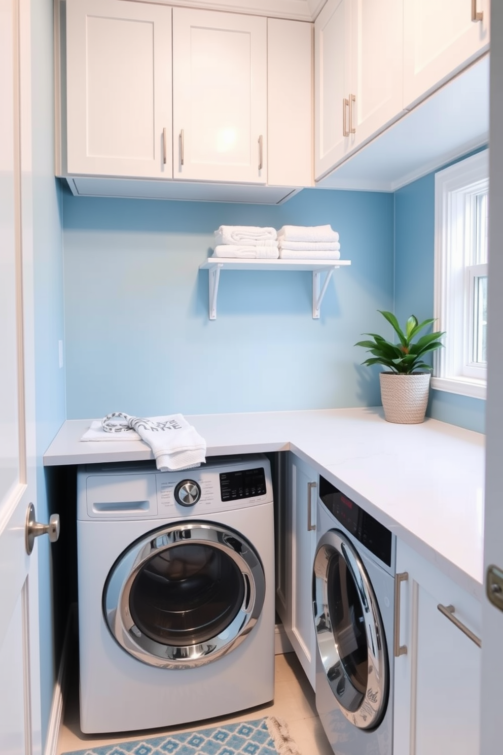 A stylish small laundry room features a color-coordinated laundry basket that complements the overall aesthetic. The walls are painted in a soft blue hue, creating a calming atmosphere, while the cabinetry is a crisp white to enhance brightness. The countertop is made of sleek quartz, providing ample space for folding clothes. A decorative wall shelf displays neatly folded towels and a potted plant, adding a touch of greenery to the space.