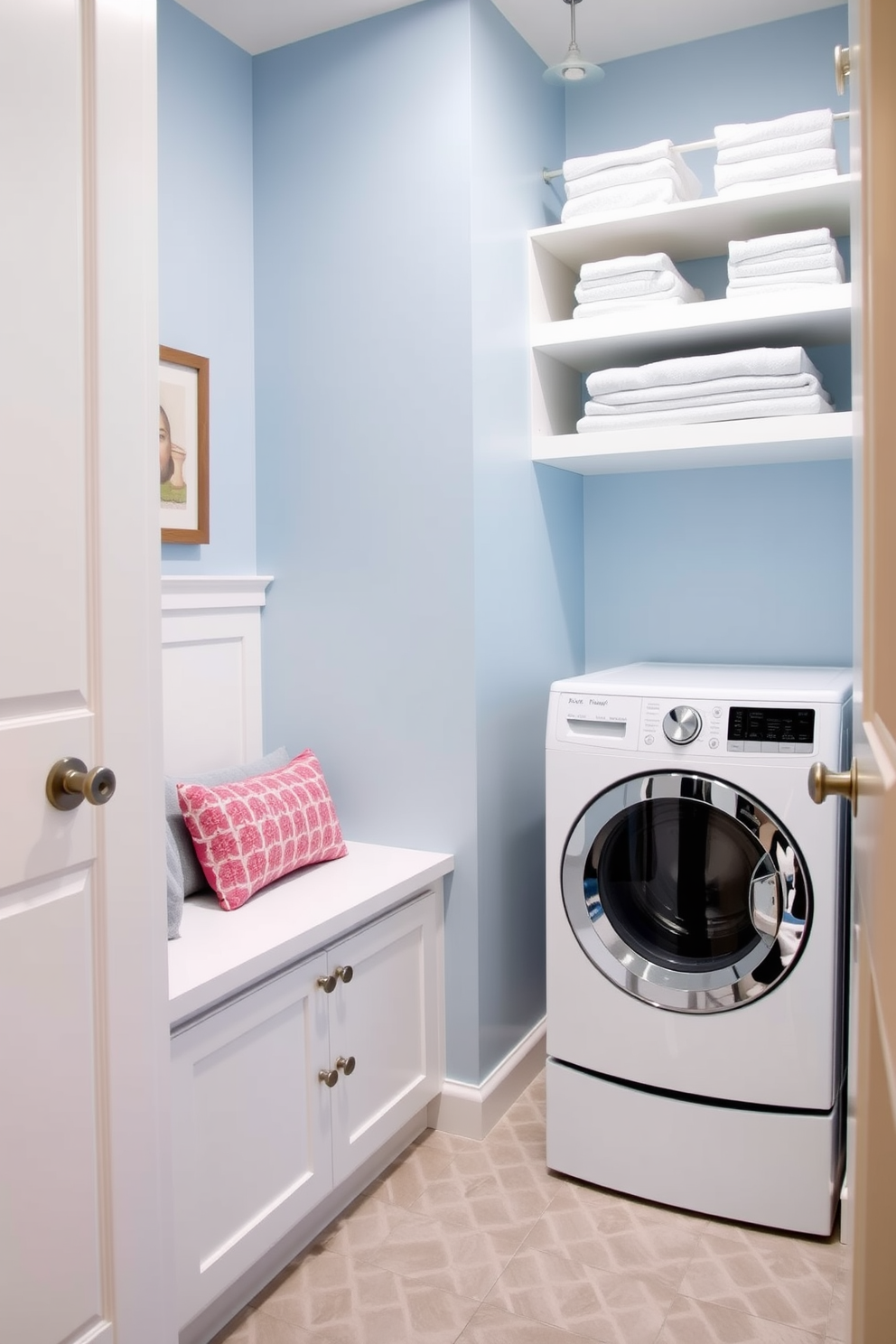 A small laundry room design featuring a compact layout with a built-in bench for seating. The walls are painted in a soft blue hue, and the floor is covered in light gray tiles for a clean look. To the right of the bench, a stackable washer and dryer are neatly integrated into cabinetry for storage. Above the appliances, open shelving displays neatly folded towels and laundry supplies, enhancing both functionality and style.