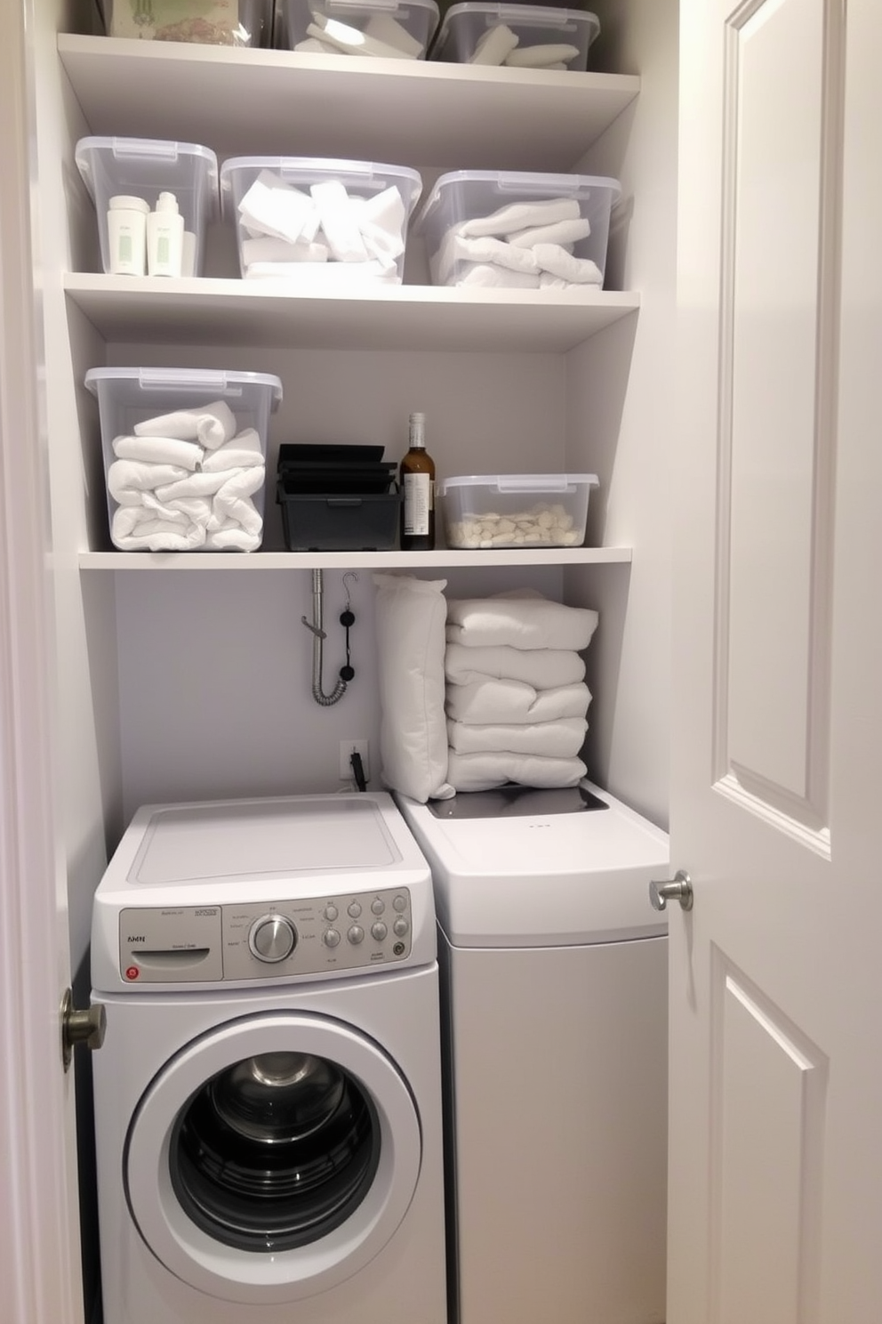 A small laundry room featuring clear containers for easy visibility. The space includes a compact washer and dryer stacked side by side, with shelves above for organized storage.